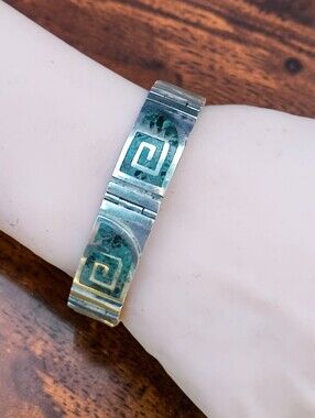 Heavy Vintage Sterling Taxco Turquoise Greek Key Bracelet